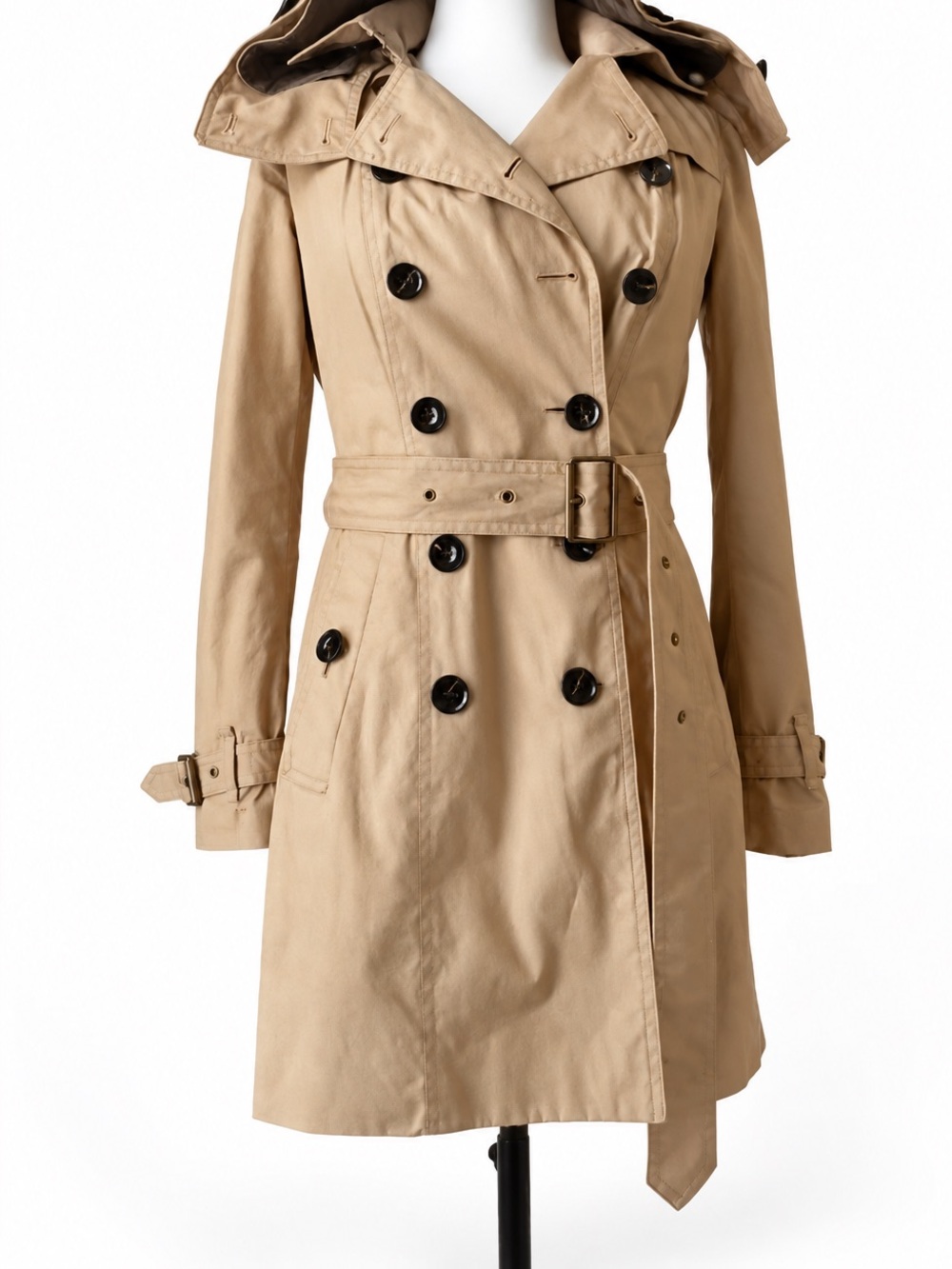 Burberry Brit Reymoore Camel Hooded Trench Coat with Quilted Warmer, Size 4